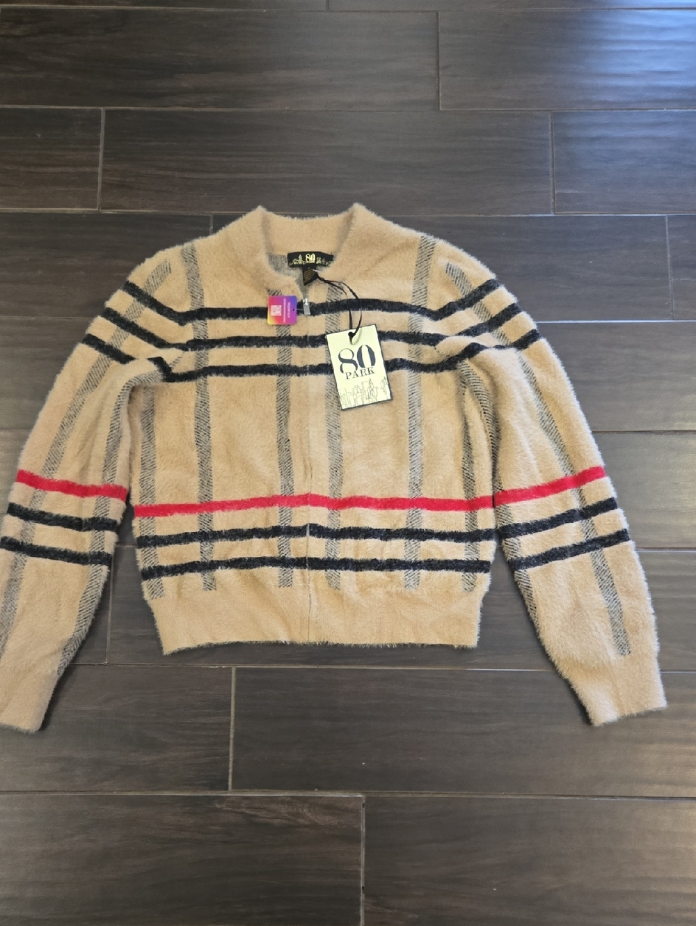 80 Park Rapunzel Plaid Furry Bomber Jacket Sz M